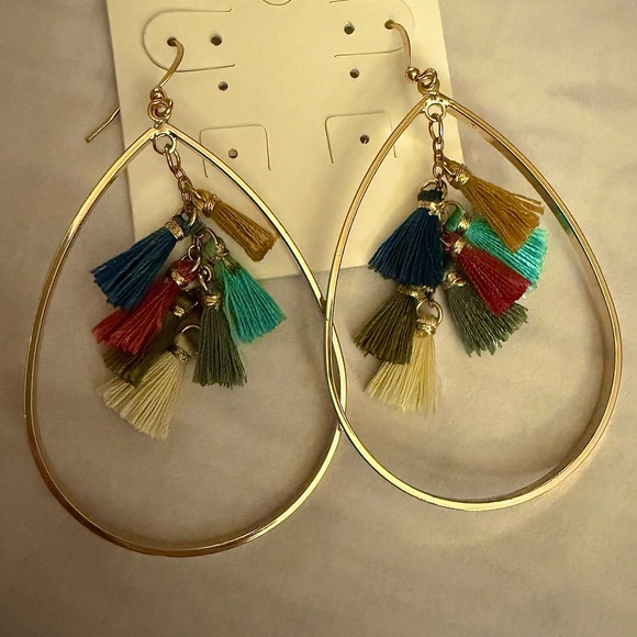 Ethel & Myrtle Gold Teardrop Dangle Earrings with Multicolor Tassels, 3” Drop - Picture 4 of 12